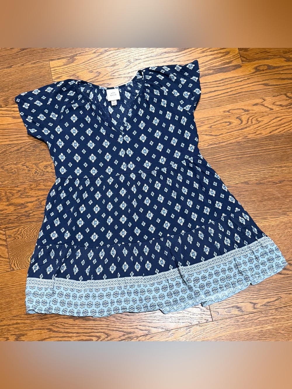 Knox Rose Women's Ikat Style Boho Tiered Blue And White Mini Dress Size S EUC